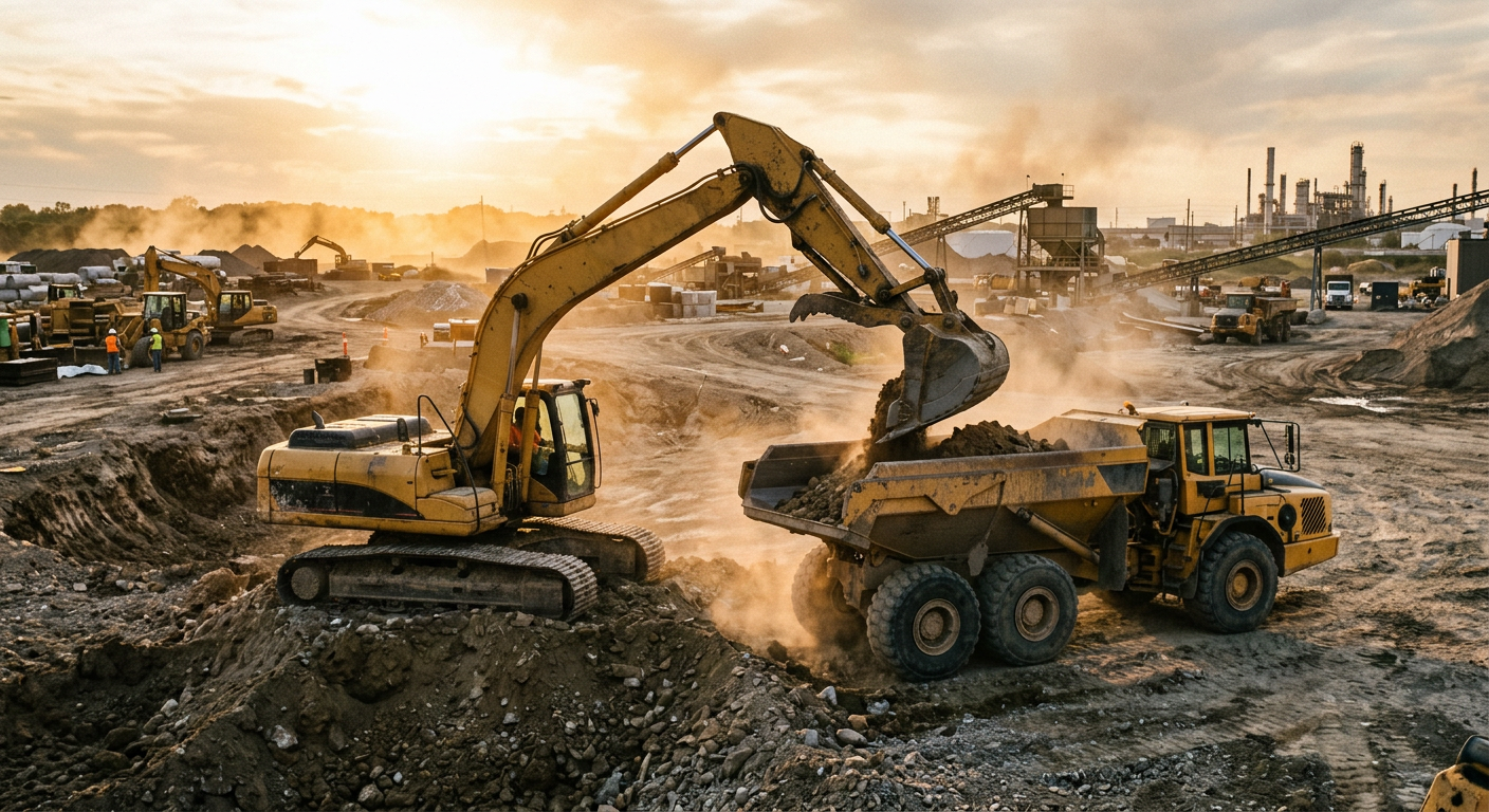 An excavator and dump truck working at a construction site at golden hour