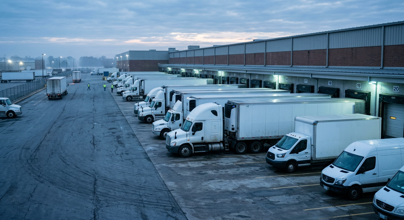 Commercial trucks and vans parked at a distribution yard in early morning light