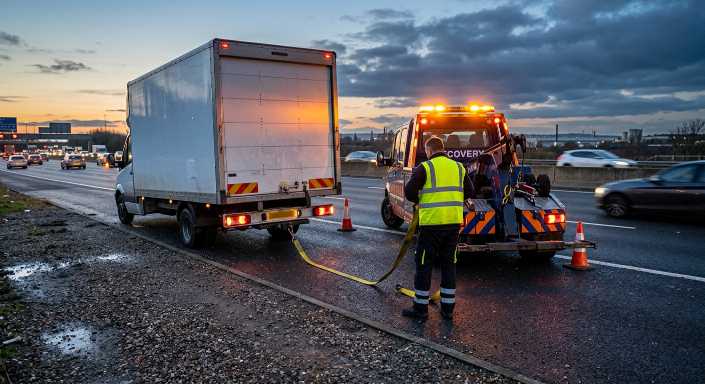 A recovery tow truck with amber beacons parked behind a broken-down truck on a highway shoulder at dusk