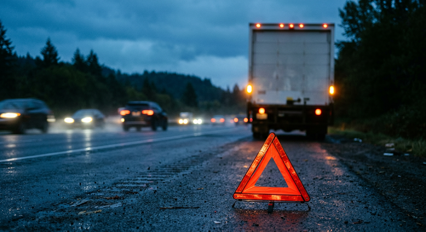A commercial truck stopped on a highway shoulder at dusk with a red warning triangle placed behind it